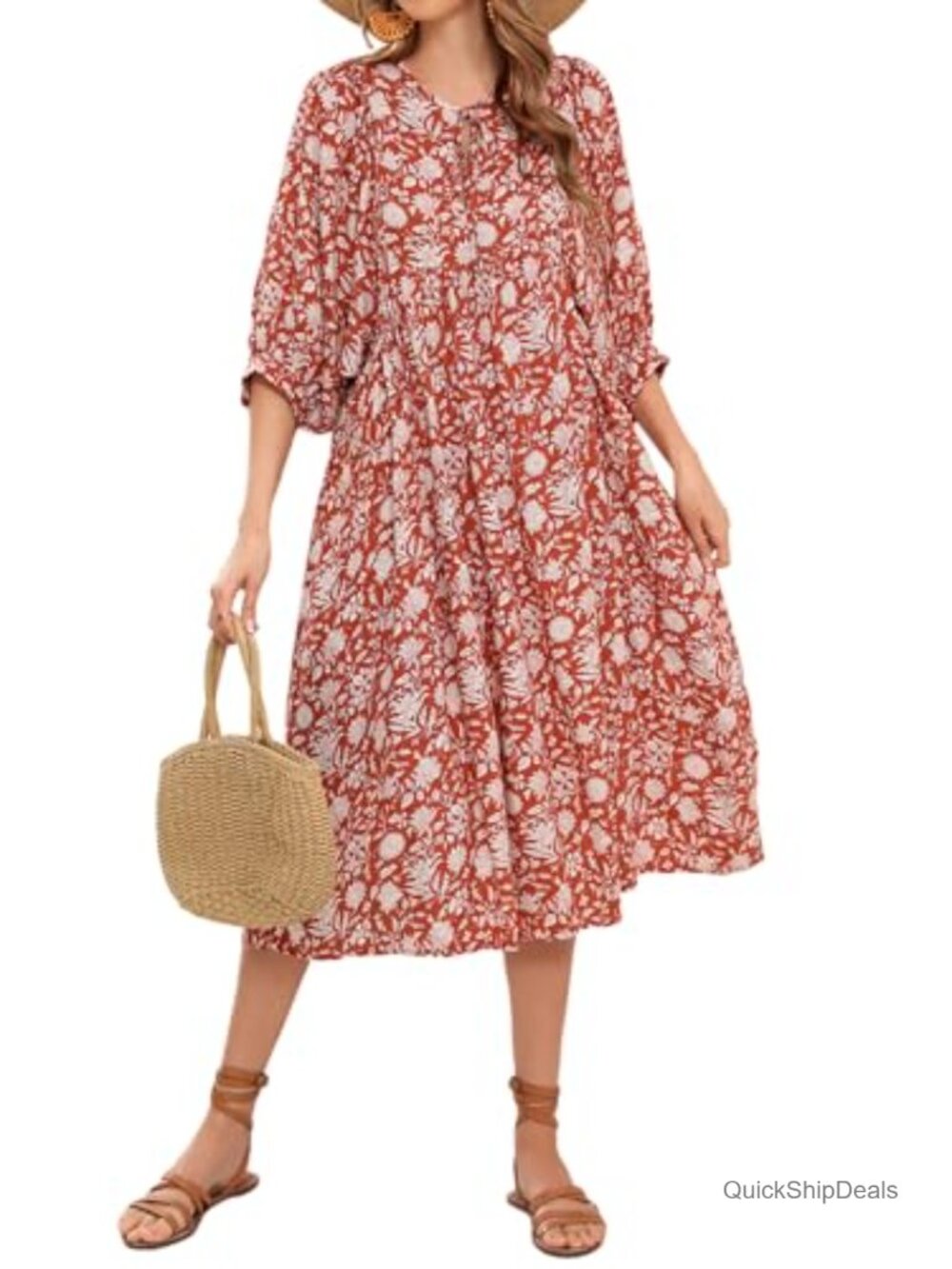 Women's Summer Casual Tie V Neck Floral Midi Dress Boho Beach Vacation